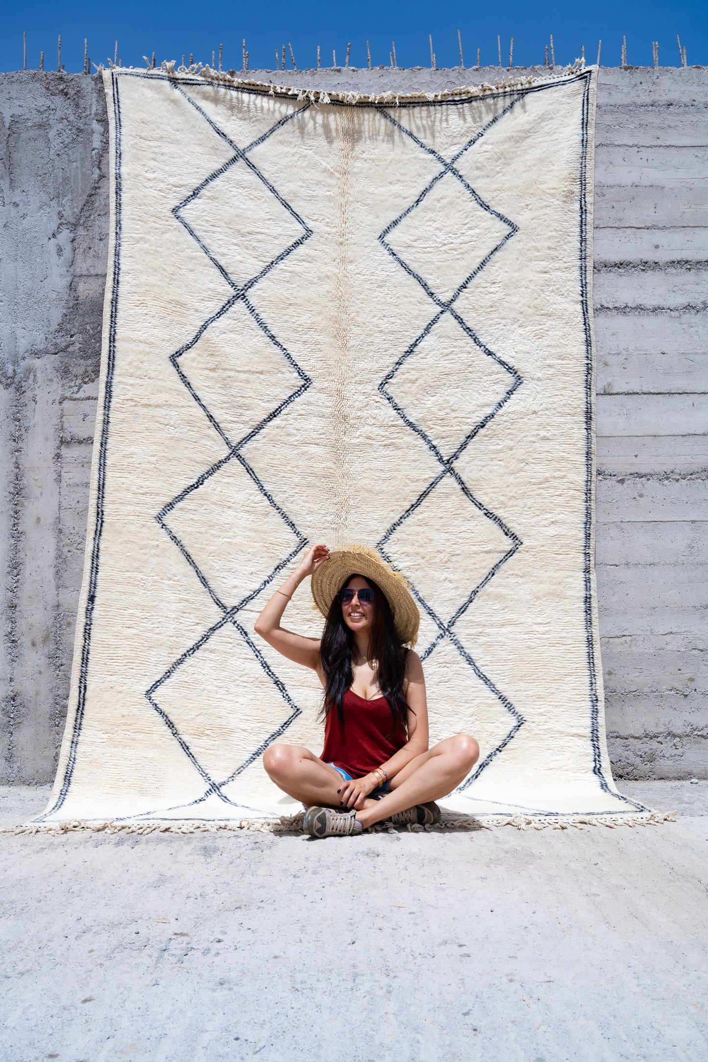 Moroccan Beni Ourain Luxury Handmade Rug - Beige Lozenges