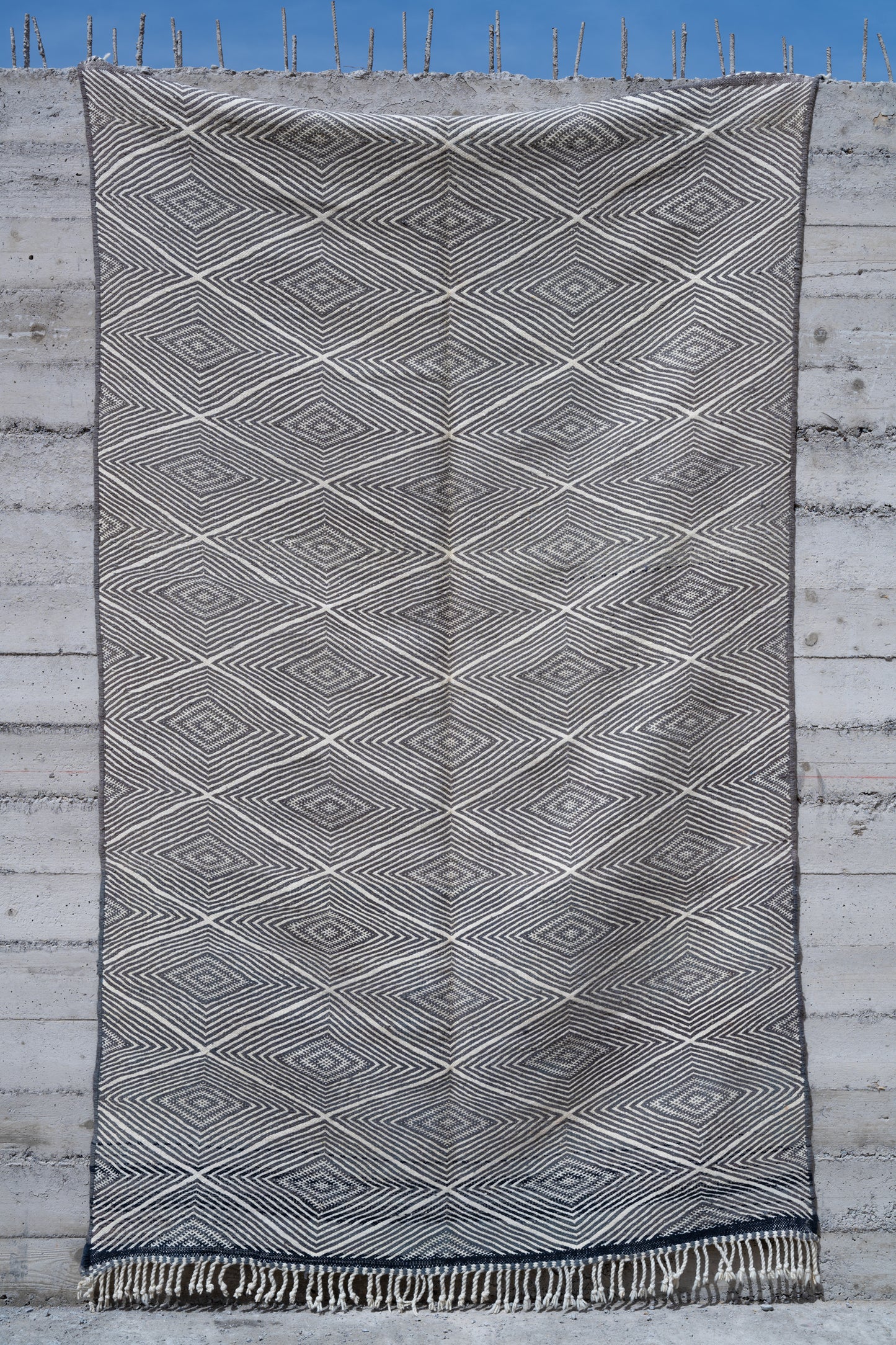 Double side - Moroccan M'rirt Luxury Handmade KILIM Rug - Blue grey