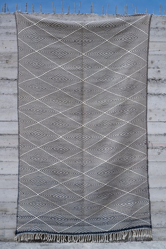 Double side - Moroccan M'rirt Luxury Handmade KILIM Rug - Blue grey