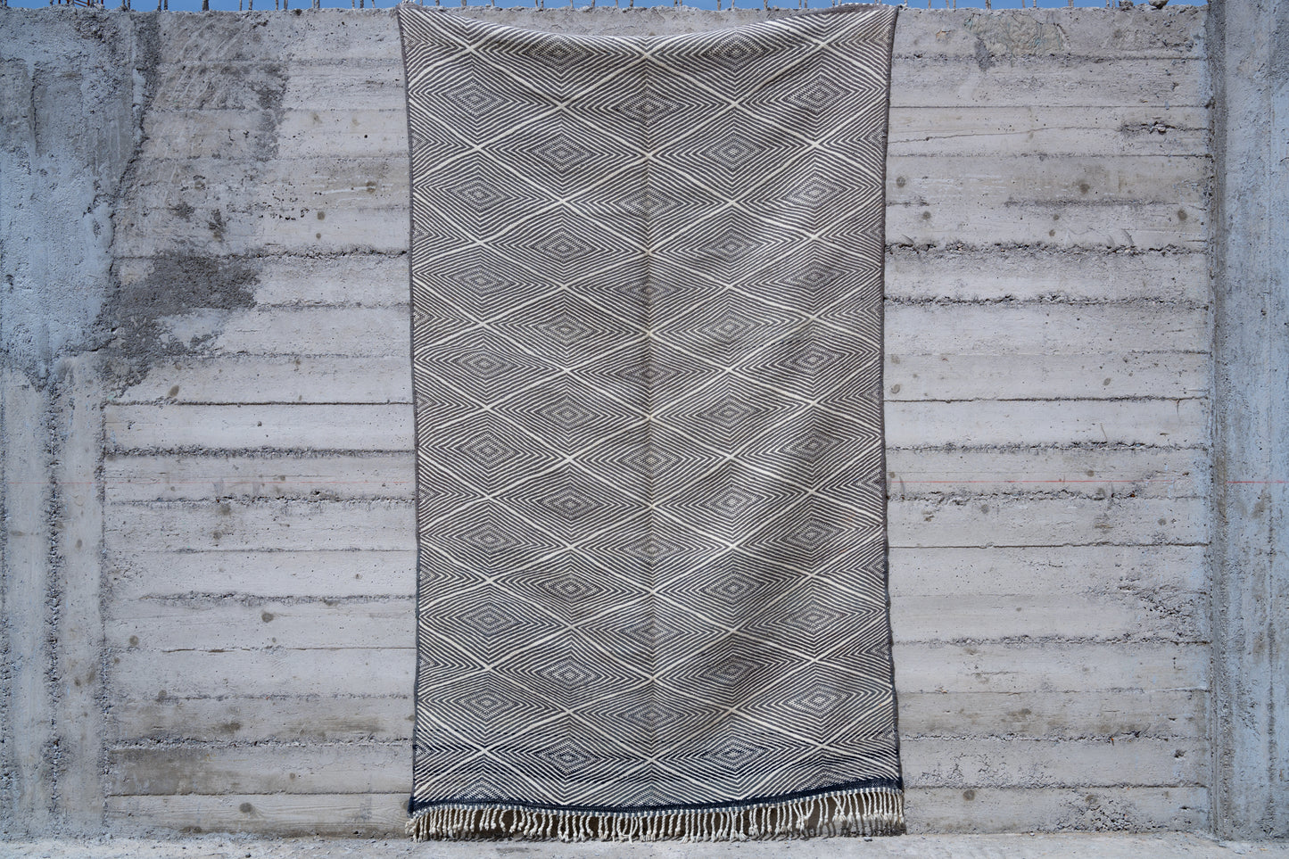 Double side - Moroccan M'rirt Luxury Handmade KILIM Rug - Blue grey