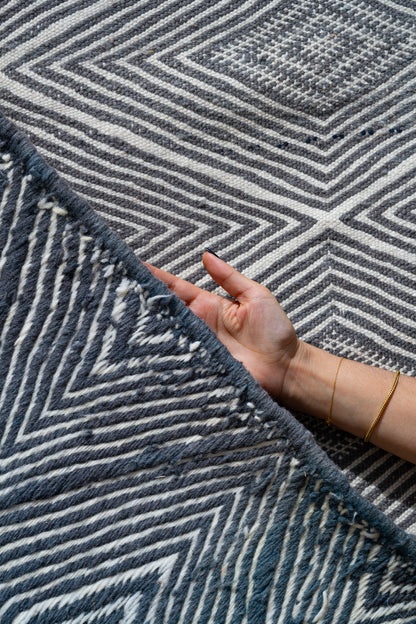 Double side - Moroccan M'rirt Luxury Handmade KILIM Rug - Blue grey