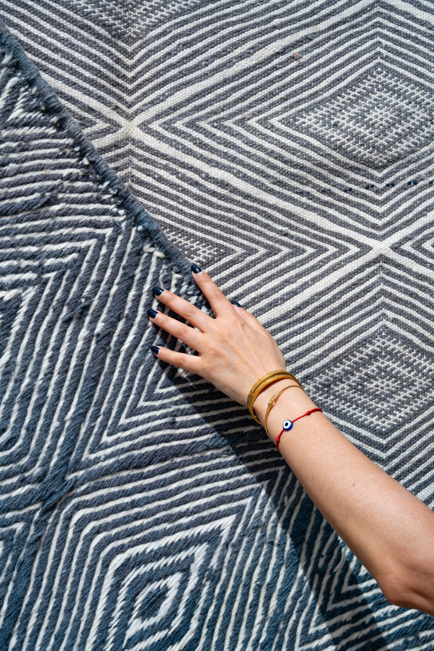 Double side - Moroccan M'rirt Luxury Handmade KILIM Rug - Blue grey