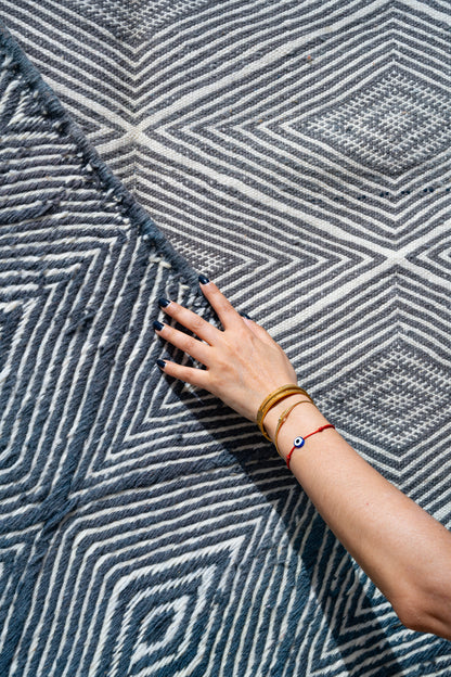 Double side - Moroccan M'rirt Luxury Handmade KILIM Rug - Blue grey